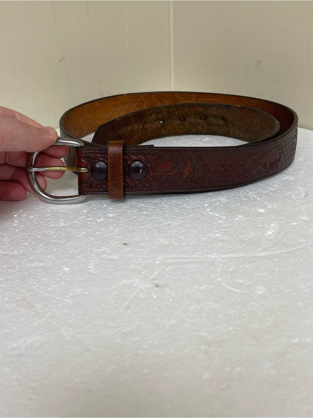 Vintage Leather Tooled Belt Western Quail Prairie Size 42 Made In USA